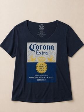 Corona Extra Graphic Tee Navy Blue Cutout Neck Oversized Womens Small Y2K Street